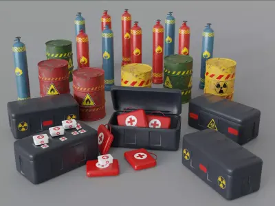 Barrel Crate Medicine pack Gas cylinders for game and visual use Low-poly 3D model