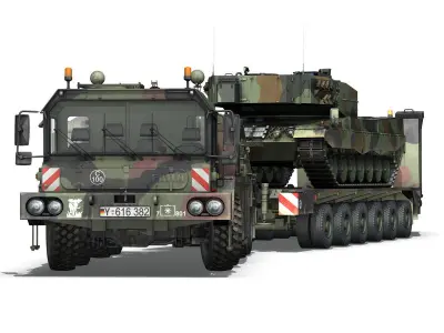 Faun STL-56 with 52 ton Semi-Trailer and a Leopard 2A4 3D model