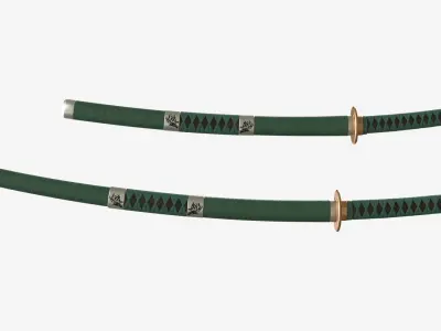 Green Double Bladed Katana Wakizashi and Stand 3D model