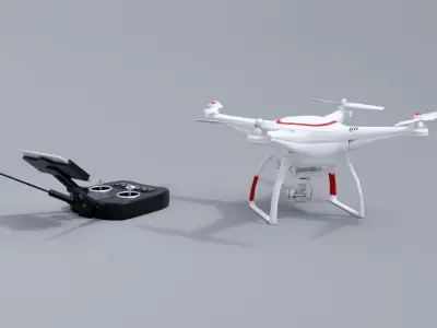 White drone with remote control Low-poly 3D model