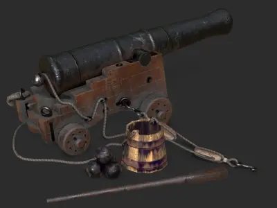 Old Naval Cannon - Dark Wood Low-poly 3D model
