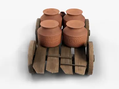 Wooden Cart With Pots Low-poly 3D model