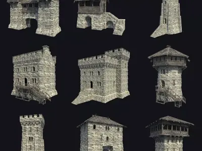 FORT MEDIEVAL CASTLE FORTRESS BAST RUIN TOWER COLLECTION BUILDER Low-poly 3D model