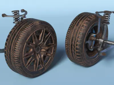 Dirty Front Car Wheel with Suspension 3D model