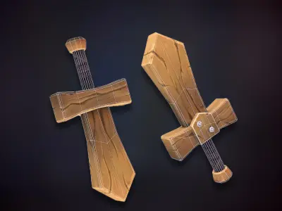 Wooden Shield and Sword Low-poly 3D model
