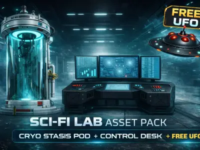 SciFi Lab Asset Pack Cryo Pod and Control Desk plus FREE UFO  3D model