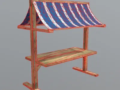 Booth wooden table with striped awning Free low-poly 3D model