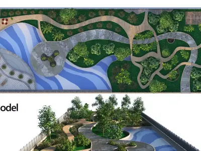 Low poly Rectangular Park Garden 3D Model Low-poly 3D model