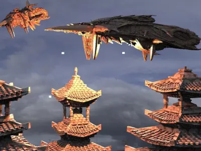 Empress Warlord Temples with Air ships 2 Kitbash 3D model