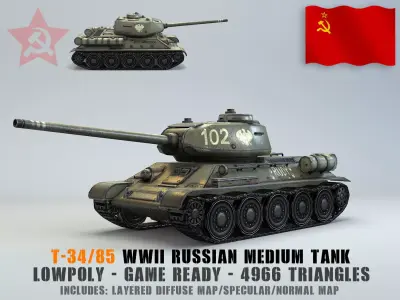 Low Poly T-34 85 medium tank Low-poly 3D model