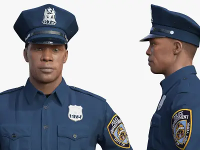 African American NYPD Police Officer Standing Pose Fur 3D model