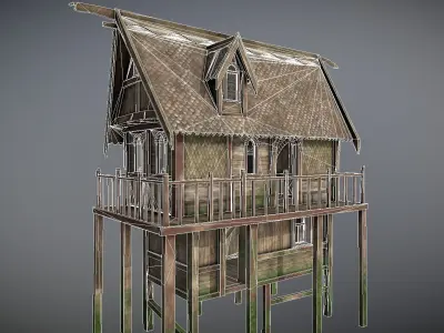 Medieval Lake Village - House 19 with interiors Low-poly 3D model