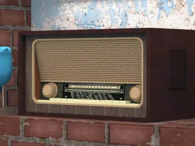 Radio and old lamp with bird statue 3D model