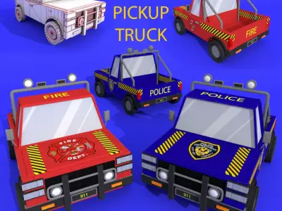 low poly pickup police and fire truck Free low-poly 3D model