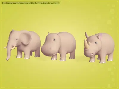 Cartoon Animals Pack - Elephant --Rhinoceros -- Hippopotamus Low-poly 3D model