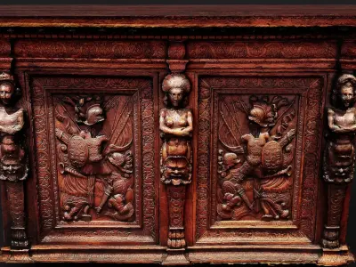 ancient wooden furniture ornaments PBR photogrammetry Low-poly 3D model