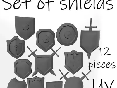 Collection of shields Lowpoly model 12 options UV Free low-poly 3D model