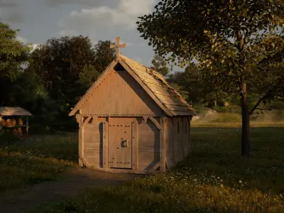 Enterable medieval wooden chapel Low-poly 3D model