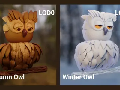 Stylized Owl 3D Models Low Poly Autumn and Winter Pack Low-poly 3D model