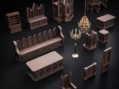 GOTHIC INTERIOR PROPS ASSET Collection Low-poly 3D model