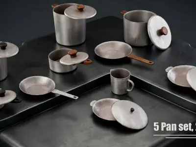 Old-Style Metal Cookware Set Pots Pans Mugs 5 Set 2 Handle Types Low-poly 3D model