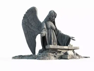 Ancient sculpture of angel with folded wings 3D model