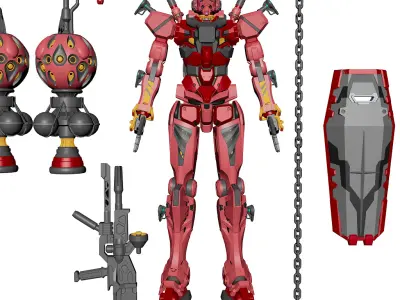Red Gundam  GQuuuuuuX 3DModel NoRig NoTexture Low-poly 3D model Low-poly 3D model