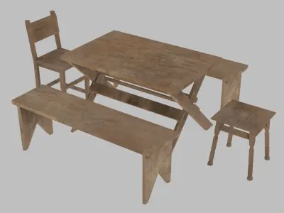 Free set of 18 wooden objects Low-poly 3D model Free low-poly 3D model