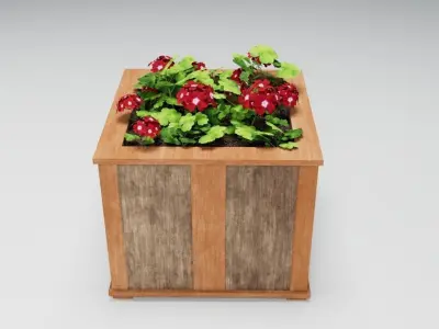 Low-Poly Wood Flower Planter with Geraniums 3D Model Low-poly 3D model