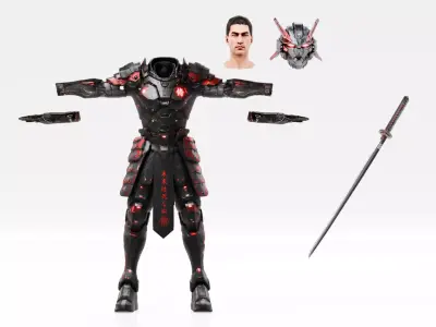 Cyberpunk Robot Samurai - Rigged Low-poly 3D model