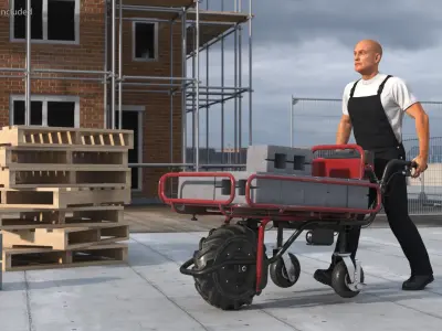 Worker with Filled Wheelbarrow Concrete Bricks 3D model purchase