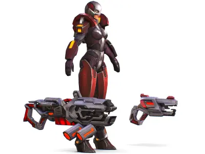 Woman Cyborg Machine Gun Rifle and Pistol Low-poly 3D model