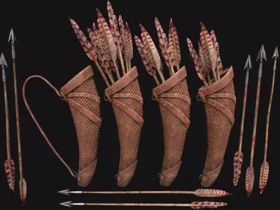 Wooden Bow and Quiver Medieval Archer Weapons Low-poly 3D model