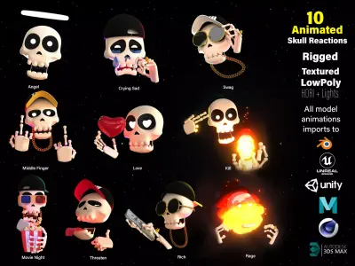 10 Animated Skull Emojis Low-poly 3D model