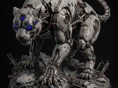 Cybernetic Panther Beast STL Printable SciFi Statue Model 3D 3D print model