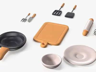 Cartoon Cooking Utensil Set with Board and Pan 3D model