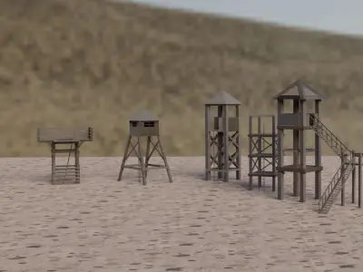 7 wooden towers Low-poly 3D model