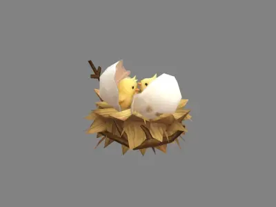 Cartoon bird nest - fledgling - chicks in the nest Low-poly 3D model