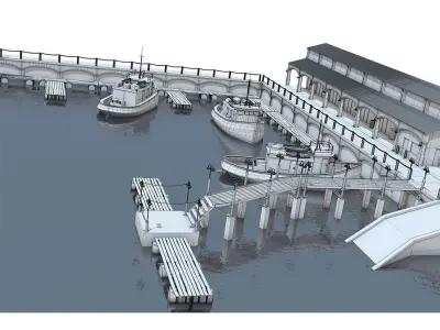 Untextured clay model of harbor pier and fishing boats - Update 3D model