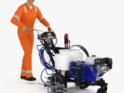 Road Worker with Cold Paint Line Striper 3D model