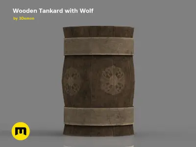 Wooden Historic Tankard with Wolf Low-poly 3D model