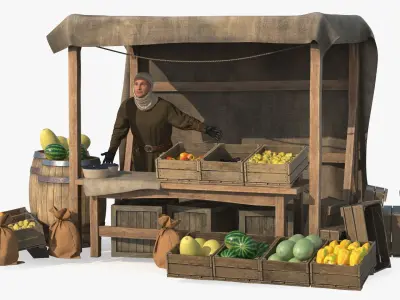 Medieval Merchant with Market Stall 3D model
