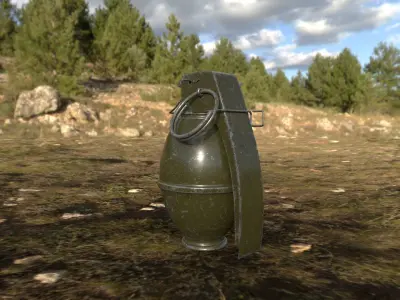 M61 3D Model metal grenade in middle of field 3D model