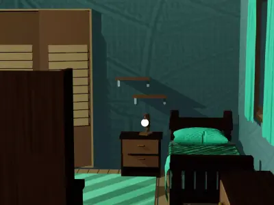 3D Model of a Cartoon-Style Youth Room with Wooden Furniture Free low-poly 3D model