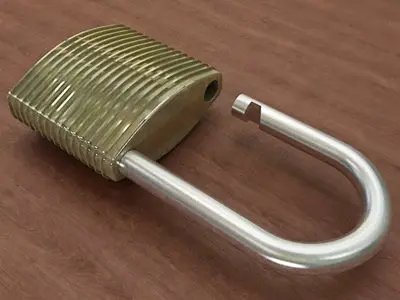 Padlock gold on wooden table 3D model