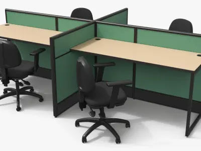 Four Desk Furniture Cluster with Office Chairs 3D model