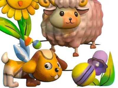 Cartoon 3D illustration Dog Sheep Sunflower Bird 3D model