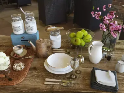 3D set furniture Rustic Breakfast Table Low-poly 3D model