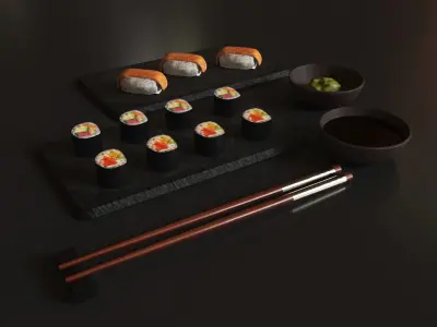 Sushi Set with bowls and chopsticks Low-poly 3D model