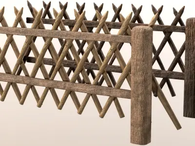 Rustic Wooden Fence village country fencing railing Low-poly 3D model